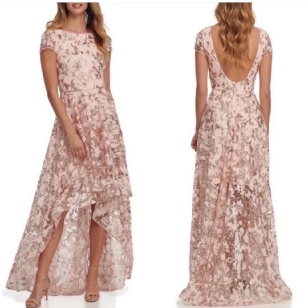 Eliza J Embroidered Sequin Embellished High Low Gown